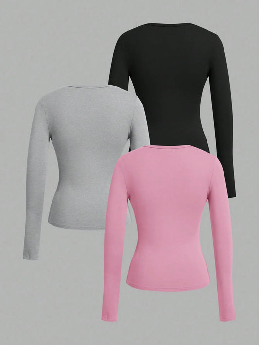 Long-Sleeve V-Neck Fitted Top – Soft Stretch Everyday Essential