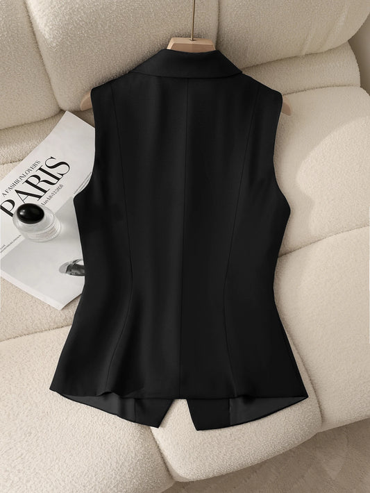 Women’s Classic Tailored Suit Vest – Black Single-Breasted Sleeveless Waistcoat | Elegant Office & Chic Layering Top