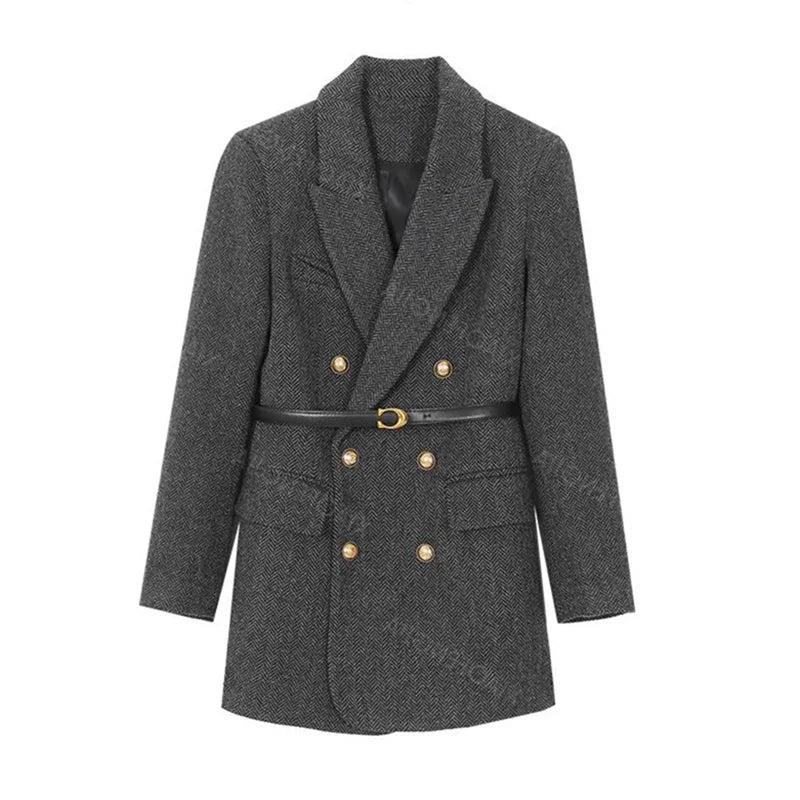Seasonal Temperament Top Female Blazer Comes With Belt A Vintage Wool Jacket For Women Autumn And Winter