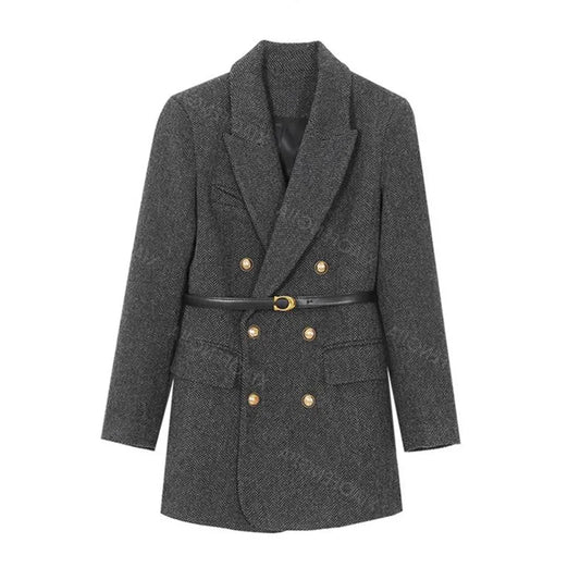 Women’s Gray Herringbone Belted Blazer Coat – Double-Breasted Tailored Boutique Outerwear