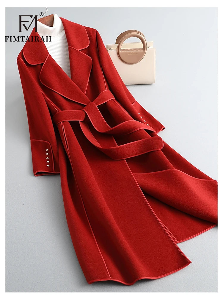 Women’s 100% Merino Wool Long Wrap Coat – Luxury Double-Breasted Style, Wide Lapel Collar, Belted Waist, Elegant Winter Outerwear