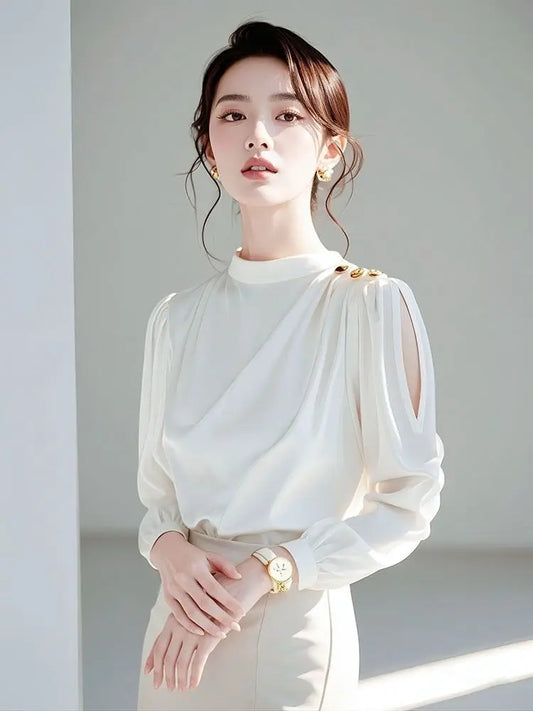 Luxury Ivory Chiffon Blouse with Gold Button Shoulder & Sheer Sleeves