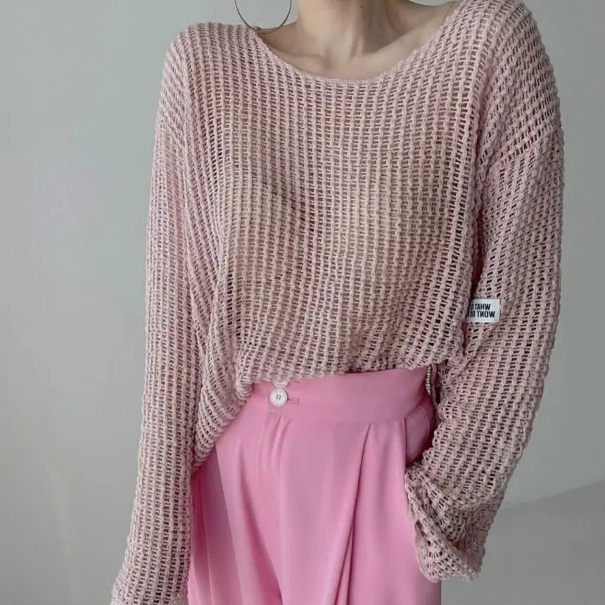 Hollow Out Pullovers Women Baggy O-neck Clothing/Casual Simple Stylish Vintage See-through Streetwear.