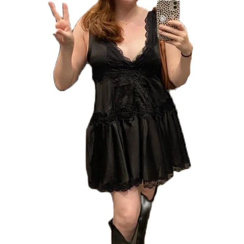 Scarlet Lace Satin Mini Dress – Feminine Flowy Coquette Slip Dress
