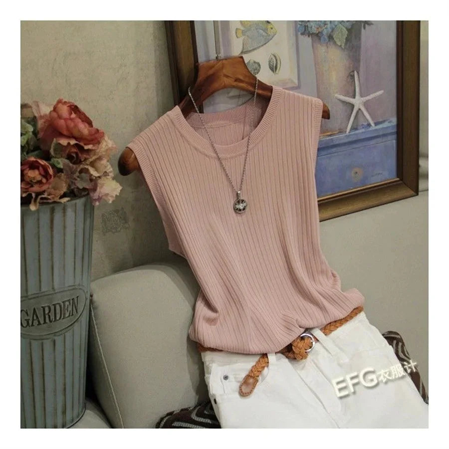 Solid Knitted Sleeveless Shirt/O-neck Blouse Shirt/Low Rise Tops.