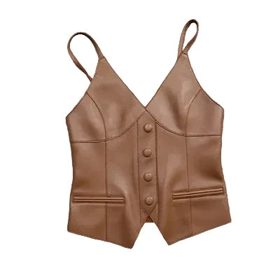 Luxury Genuine Sheepskin Leather Vest for Women – Tailored V-Neck Button Front Streetwear Top (Black, Camel, Green, Purple, Orange, Khaki)