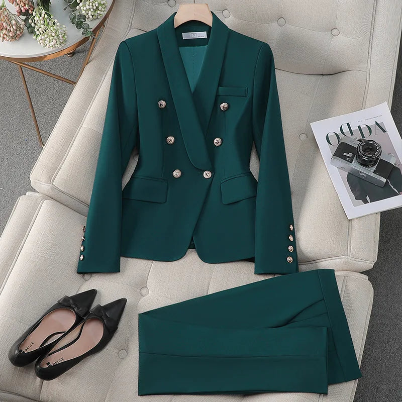High Quality Turn Down Collar Suit/Two Piece Double Breasted Blazer/Straight Zipper Trousers Women Outfit.
