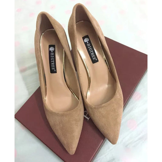 Women’s Suede-Look Pointed Toe Pumps | 8.5cm Block Heel Dress Shoes | Elegant Cognac Brown Heels
