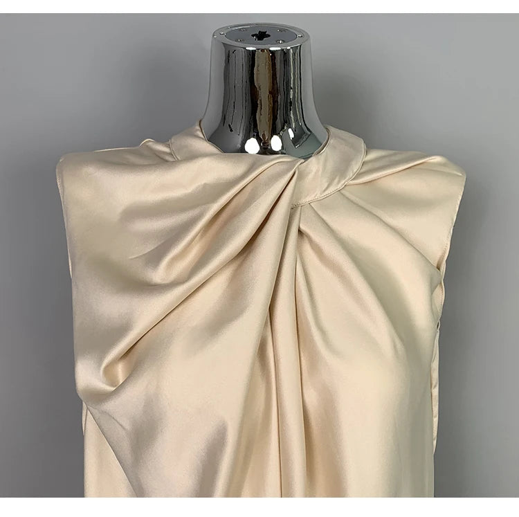 Women’s Satin Twist-Neck Sleeveless Blouse – Elegant Draped Office & Occasion Top