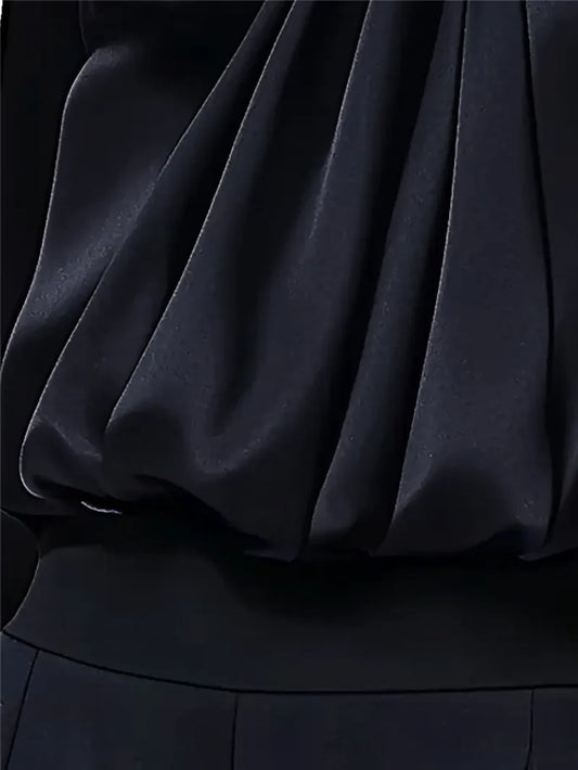 Black Satin High-Neck Blouse with Crystal Accent|Elegant Jewel Neck Long Sleeve Satin Blouse