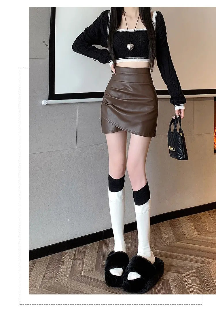 High-Waist Faux Leather Bodycon Mini Skirt – Ruched Slim Fit PU Leather Wrap Skirt for Women