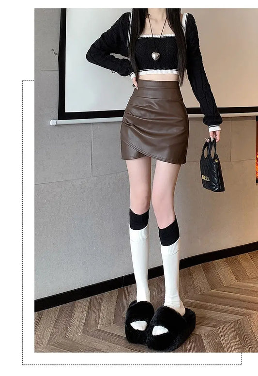 High-Waist Faux Leather Bodycon Mini Skirt – Ruched Slim Fit PU Leather Wrap Skirt for Women