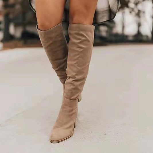 Women’s Knee-High Suede-Look Boots – Elegant Chunky Block Heel, Side-Zip Tall Boots, Fall & Winter