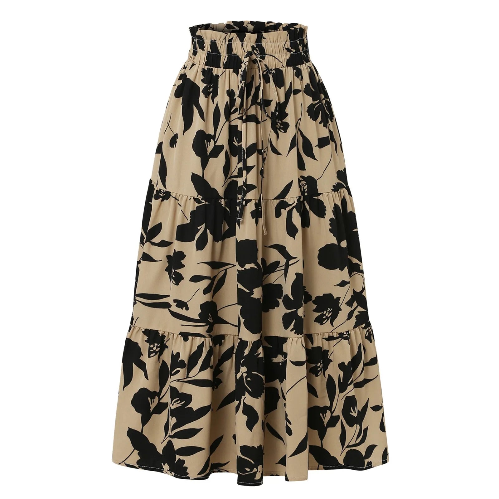 Retro Puff Floral Printed Skirt/With Pocket’s/Casual Elastic High Waist Lace-up Loose Skirts.