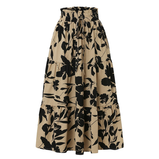 Retro Puff Floral Printed Skirt/With Pocket’s/Casual Elastic High Waist Lace-up Loose Skirts.