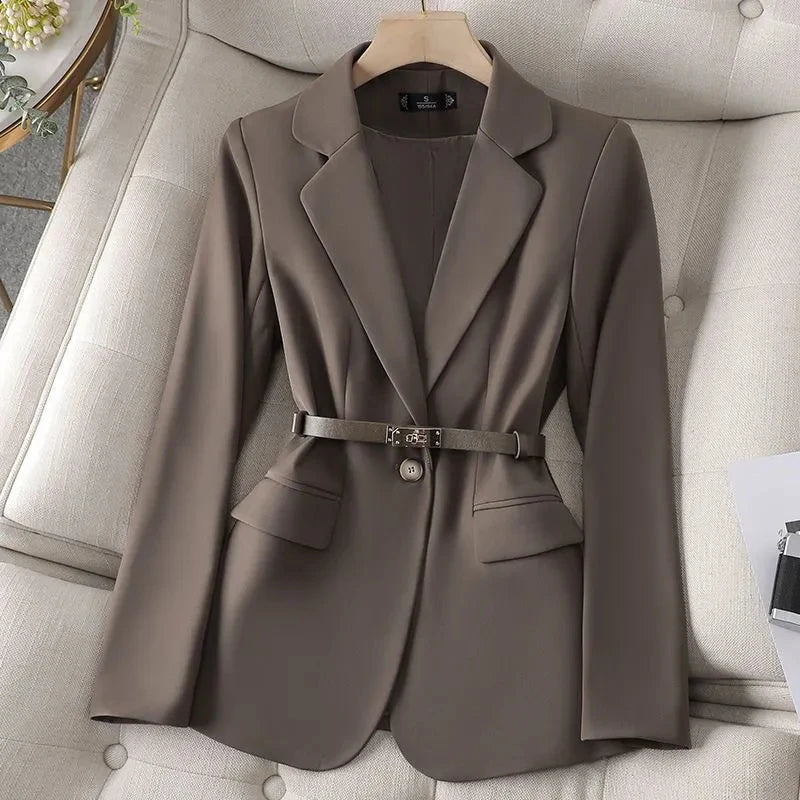 Women’s Tailored Belted Blazer – Single-Breasted Notched Lapel, Structured Shoulder, Regular-Length Suit Jacket, Elegant Business Casual Outerwear