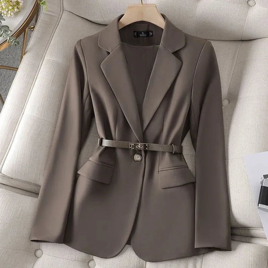 Women’s Tailored Belted Blazer – Single-Breasted Notched Lapel, Structured Shoulder, Regular-Length Suit Jacket, Elegant Business Casual Outerwear