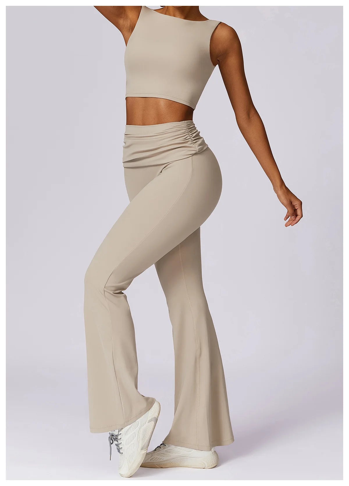 High-Waisted Flared Active Pants with Sculpting Fit – Neutral Beige
