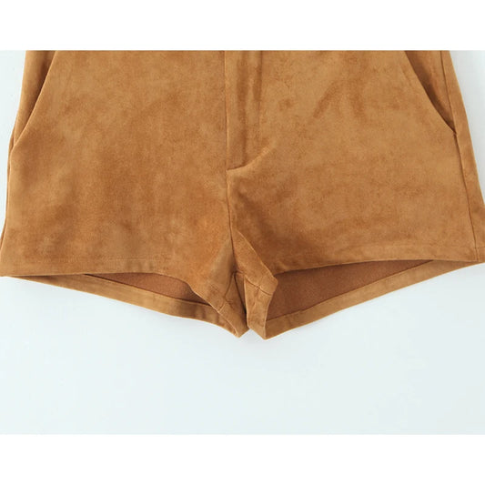 YENKYE Retro Brown Faux Suede Shorts for Women – High-Waist Casual Vintage Short Pants
