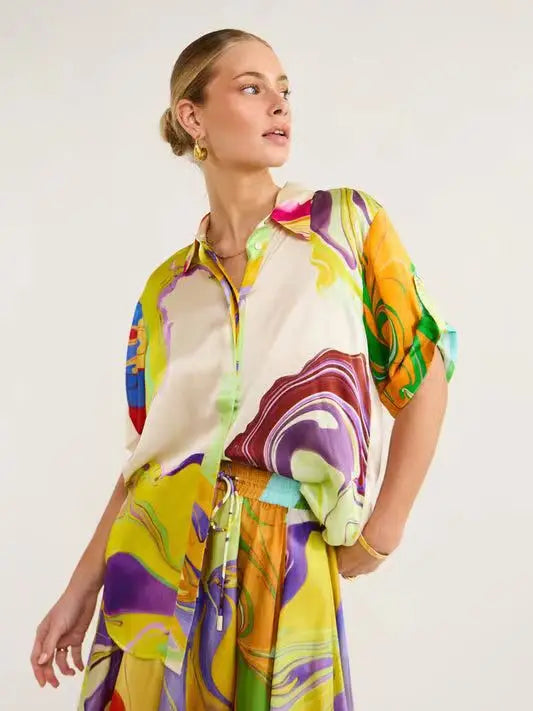 Effortlessly Silk Made Printed Dress/Colored Women Dress/Loose Fit Short Sleeves Shirt Top/Turn Down Collar skirt/2 Piece Sets Set/Tatting Craft.