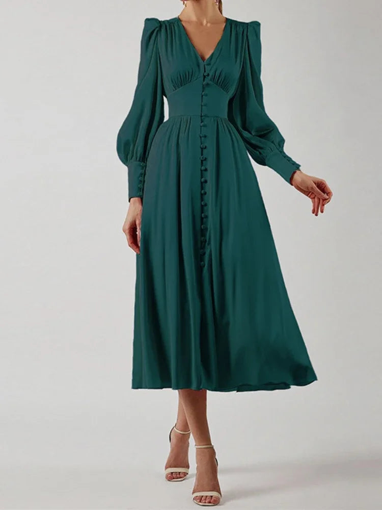 Elegant Fashion Single Breasted  Dress for Women Party Robe High Waist Satin Long Dress Sexy Lantern Sleeve Chic Midi Dresses