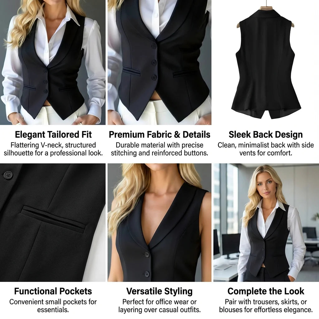 Women’s Classic Tailored Suit Vest – Black Single-Breasted Sleeveless Waistcoat | Elegant Office & Chic Layering Top