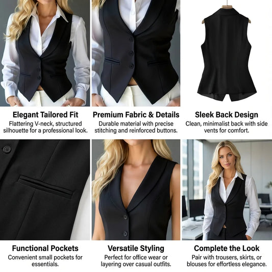 Women’s Classic Tailored Suit Vest – Black Single-Breasted Sleeveless Waistcoat | Elegant Office & Chic Layering Top