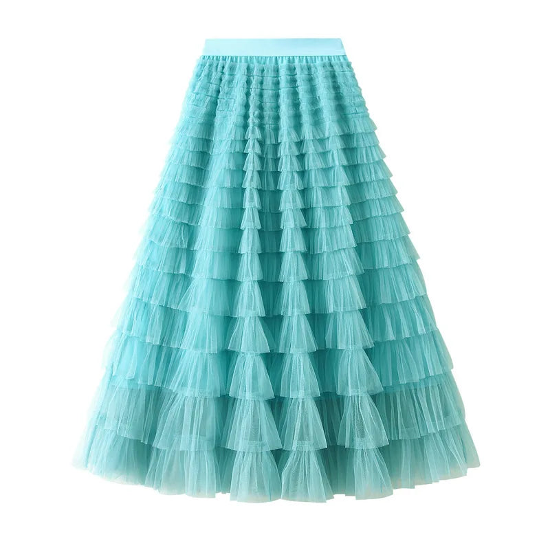 Elegant Layered Mesh Skirt For Women/High-Waisted Puff Skirt/Dropped A~Line/Appliqués Decorative Loose Fitted Skirt.