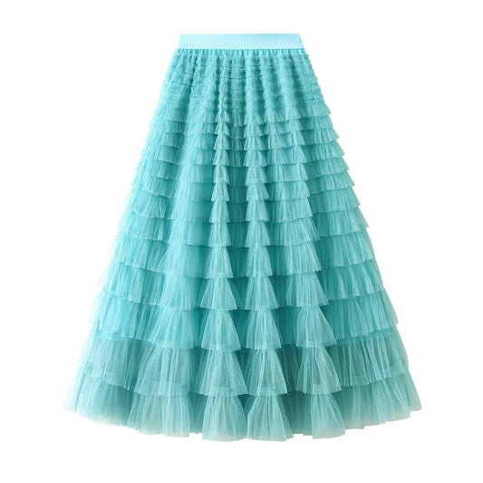 Elegant Layered Mesh Skirt For Women/High-Waisted Puff Skirt/Dropped A~Line/Appliqués Decorative Loose Fitted Skirt.