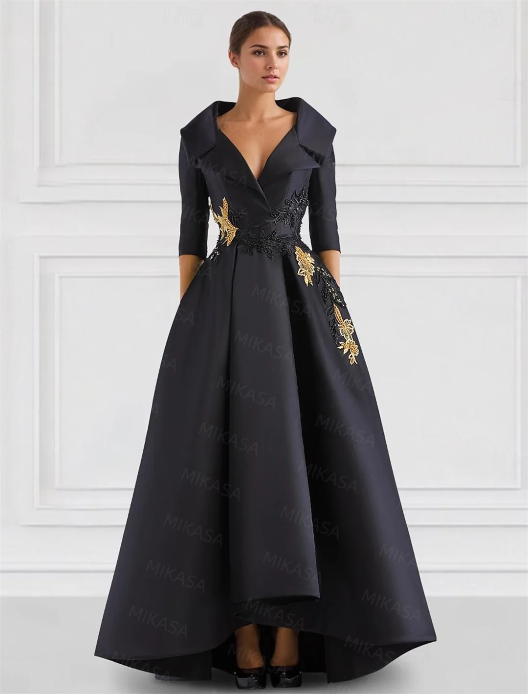 Elegant A Line Vintage Gown/Modern Three Quarter Sleeves V~Neck Dress/Party Gowns With Appliqué’s/Pockets Irregular Ruffles.