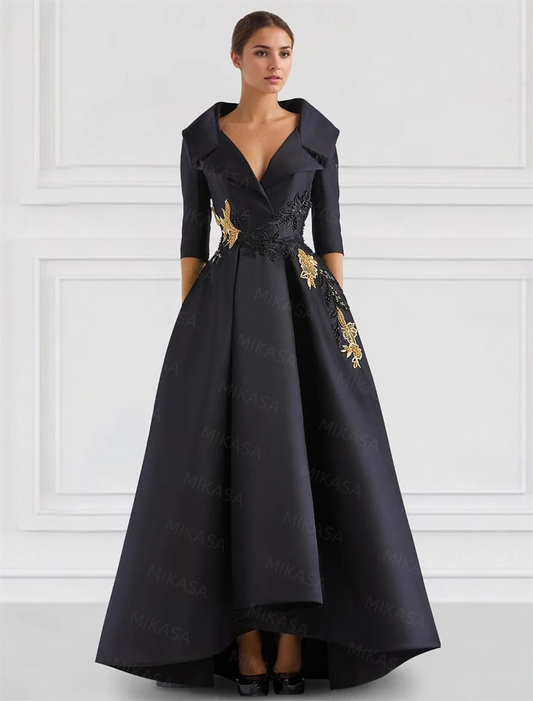 Elegant A Line Vintage Gown/Modern Three Quarter Sleeves V~Neck Dress/Party Gowns With Appliqué’s/Pockets Irregular Ruffles.