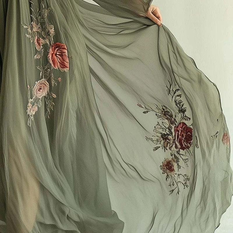 Seamless Modern Designed Dress/High Sleeve Waist Evening wear. V~Neck Floral Printed.