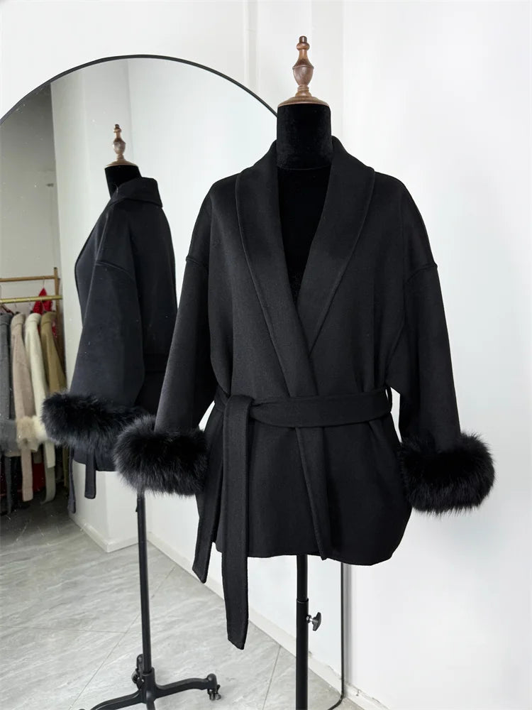 Tossy Fox Fur Overcoat/Short Fitted Cardigan Coat/Elegant Double-sided Woolen Coat.