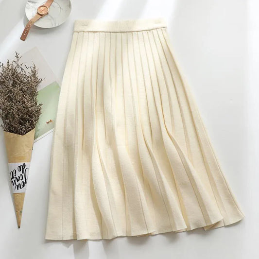 Fashioned Solid Color Knitted Skirt/Pleated A-Line Trend/All-match Elastic High Waist Skirt/Women's Clothing.