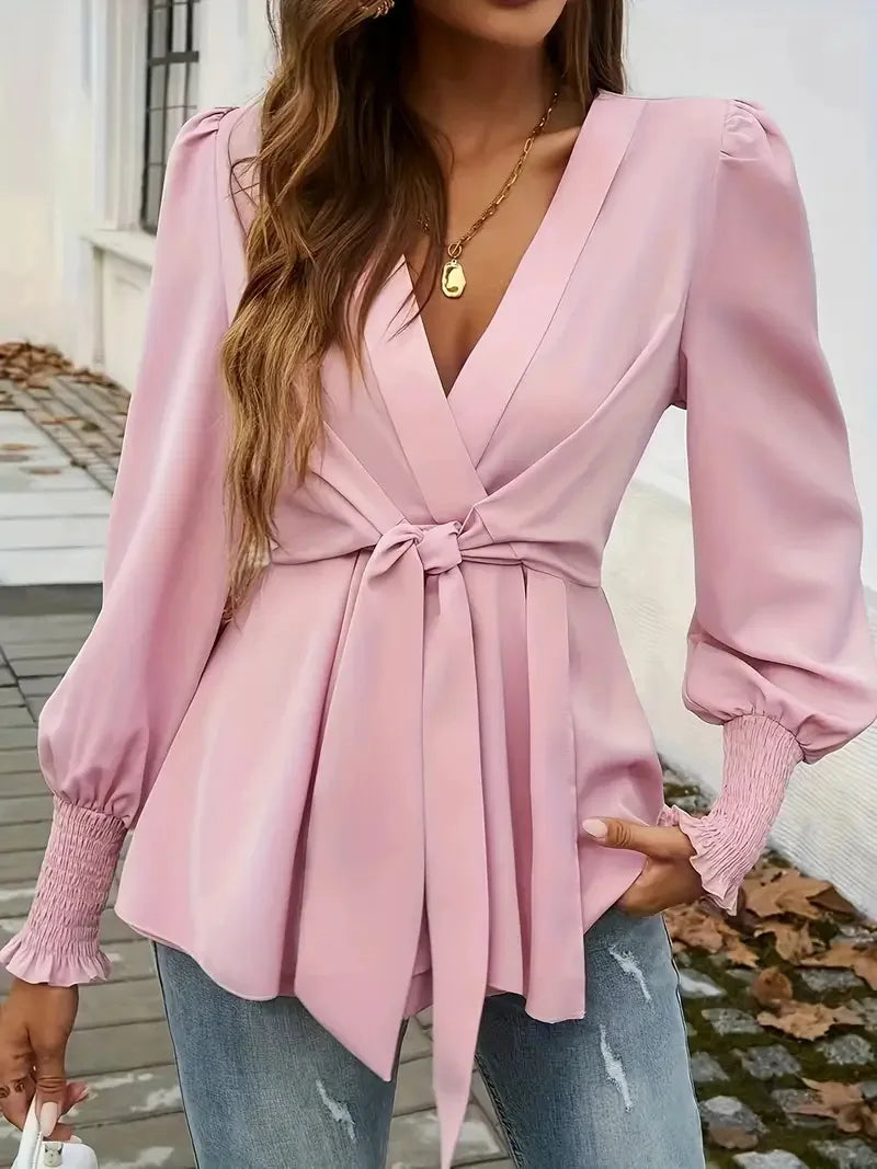 Elegant V-neck Lace Up Waist Cinching Autumn Women's Clothing New Casual Loose Solid Color Pullover Shirt.