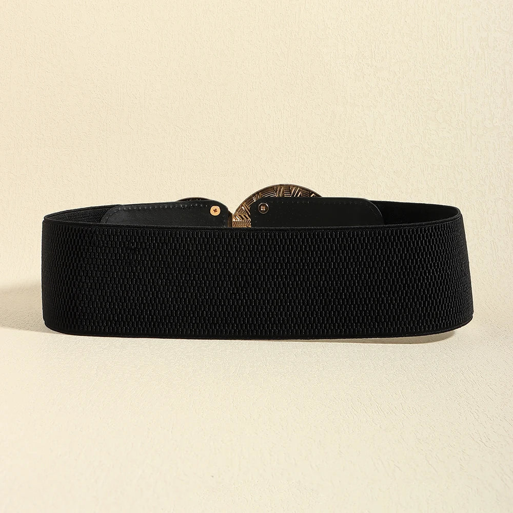 Luxury Wide Elastic Waist Belt for Women – Gold Statement Buckle Stretch Fashion Belt