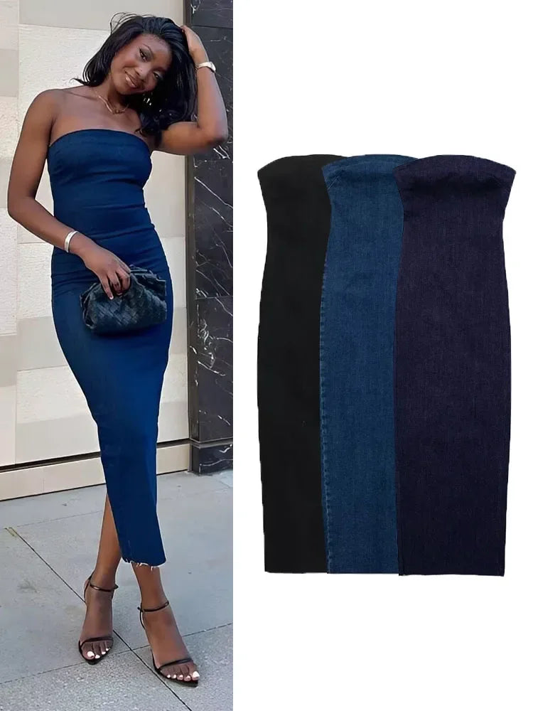 The Denim Muse Strapless Midi Dress