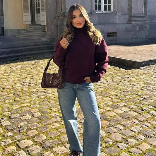 Turtleneck Knitted Sweater/High Collar/Long Sleeves Female Chic Lady/Casual Mujer Cardigan Outfits.