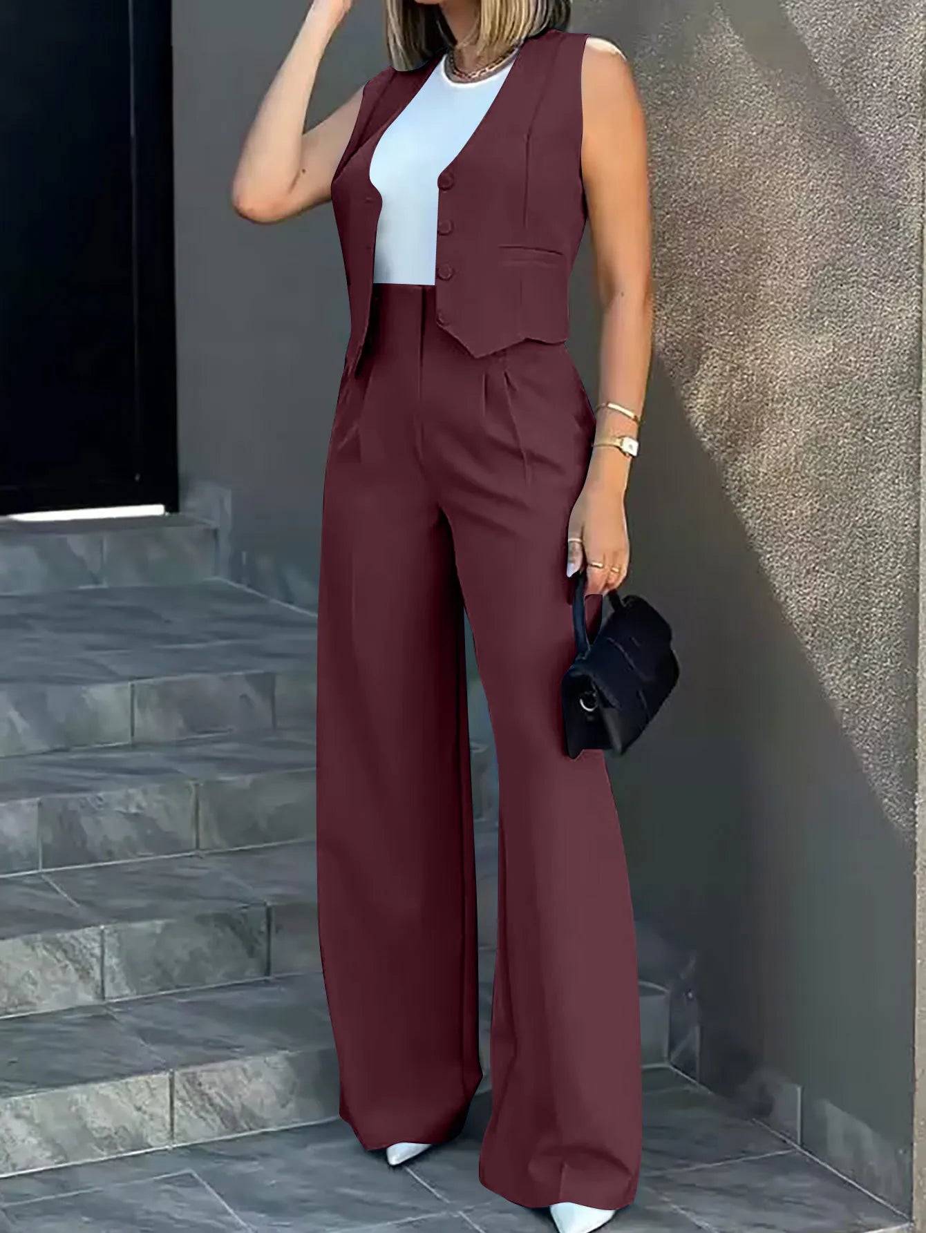Trousers Suit Women's Vest Suit/Elegant Loose Regular Work Suit/High Waist Wide-leg Trousers 2-piece Street Suit.