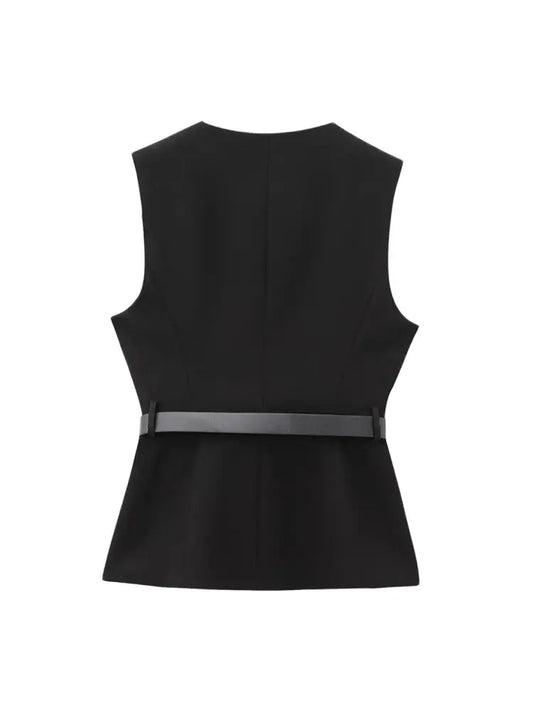 Commense Button Detail/TRZA-Women's Long Waistcoat with Belt, Front Gold Button/Fashion. Women Fashion Vintage Vest/Sleeveless Front Button Female Vest Tops With Belt