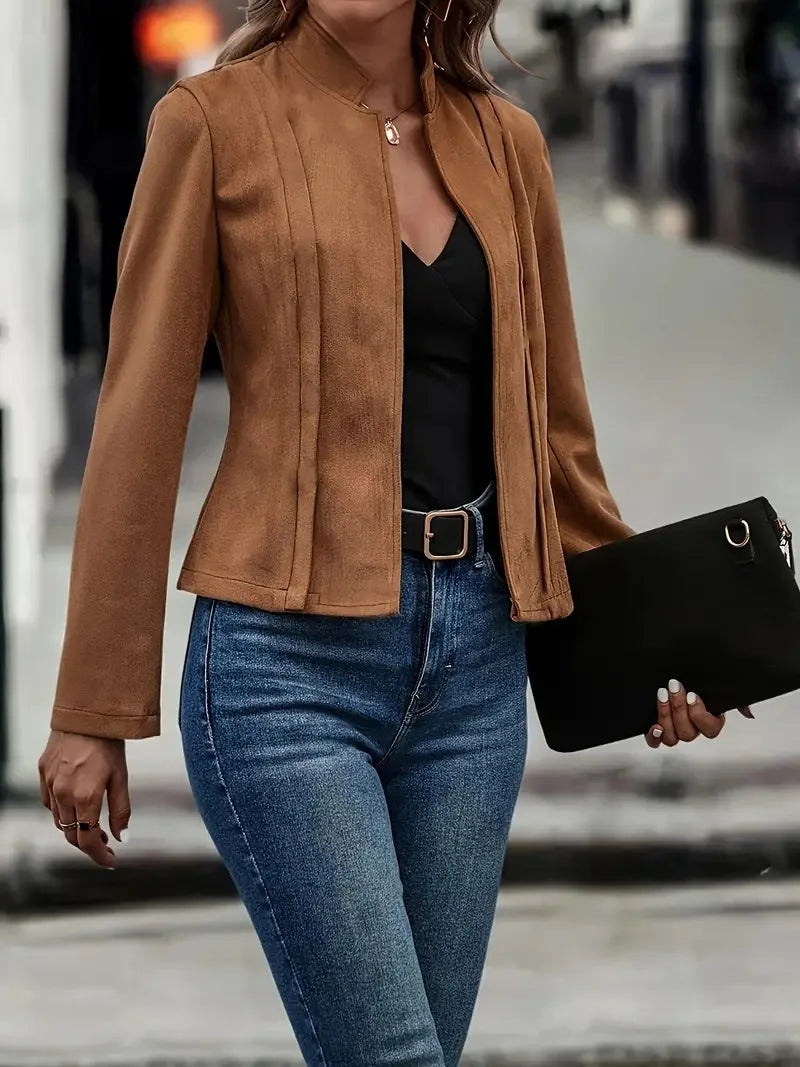 Faux Suede Leather Jacket/Winter Solid Color Long Sleeved Versatile Cardigan Short Jacket.