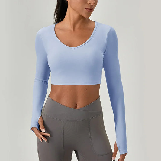Women's Yoga Wear/Tight Long-Sleeved Shirt with Chest Pad’s/Crossed Beautiful Back Sport’s/Top Quick-drying Running Fitness Wear.