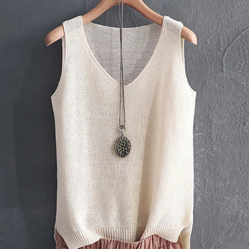 Pullover Women's V-neck Blouse/Thin Knitted Loose Tops/Basic Solid Color Sleeveless/T-shirt For Women Casual Blouses.