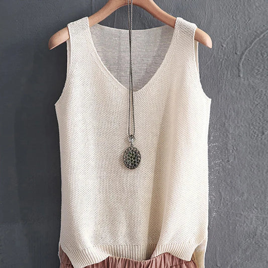 Pullover Women's V-neck Blouse/Thin Knitted Loose Tops/Basic Solid Color Sleeveless/T-shirt For Women Casual Blouses.