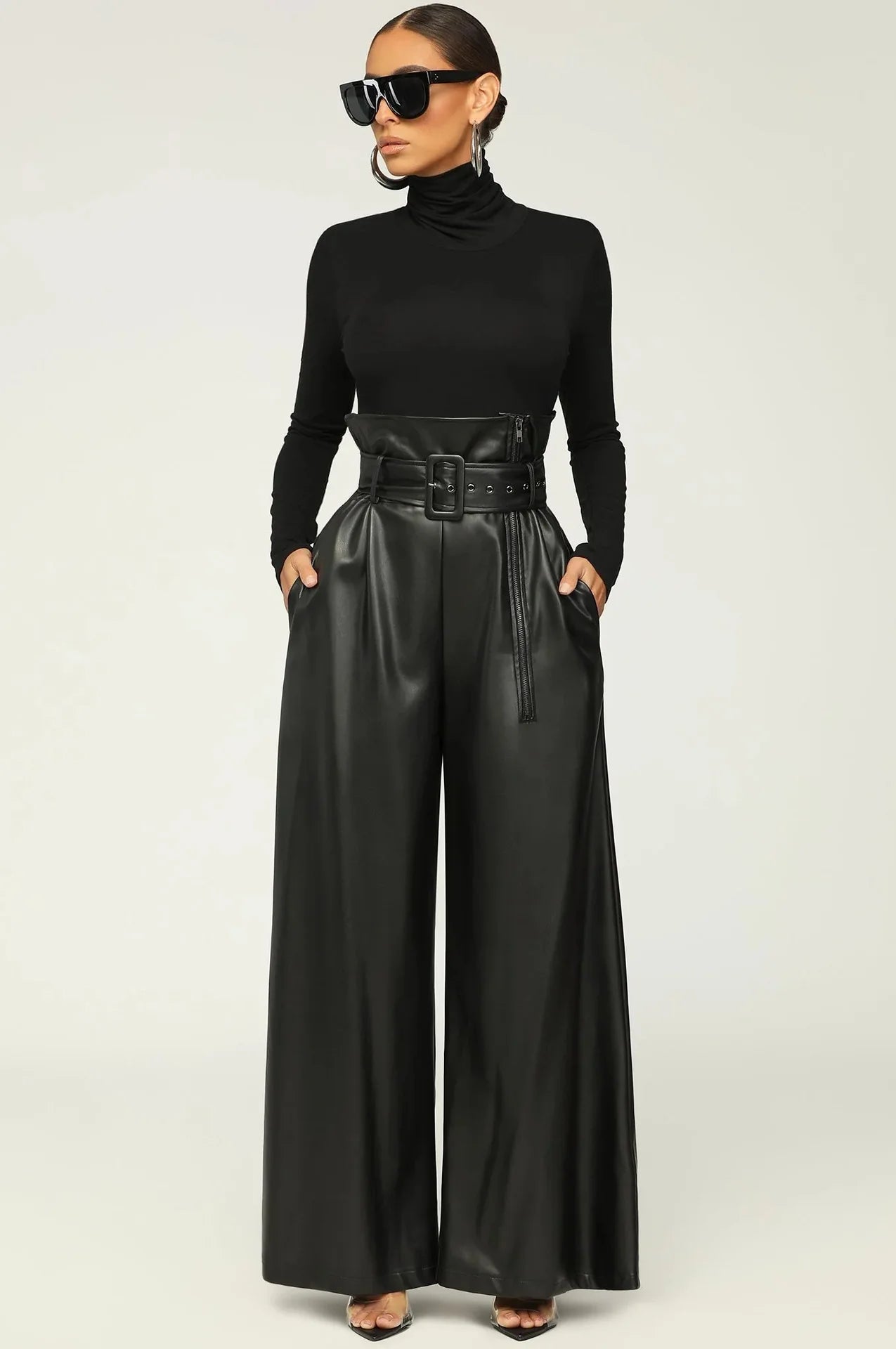High-Waist Faux Leather Wide-Leg Pants with Belt – Elegant Statement Trousers
