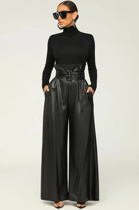 High-Waist Faux Leather Wide-Leg Pants with Belt – Elegant Statement Trousers