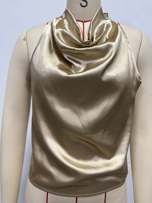 Elegant Satin Halter Blouse for Women – Sleeveless Bow Neck Office Lady Top