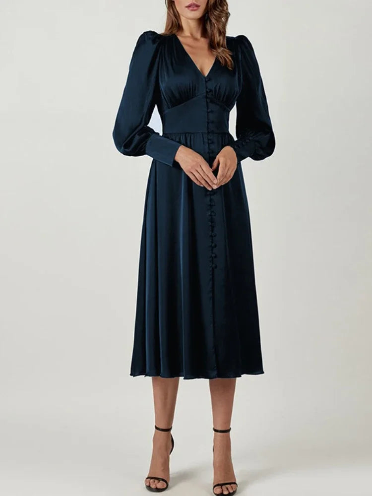 Elegant Fashion Single Breasted  Dress for Women Party Robe High Waist Satin Long Dress Sexy Lantern Sleeve Chic Midi Dresses