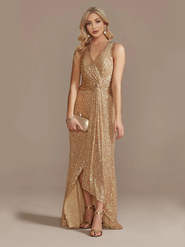 Luxury Floor Length V-Neck Evening/ Dresses Elegant Slit Party Women/Sequins Formal Cocktail Prom Gowns.