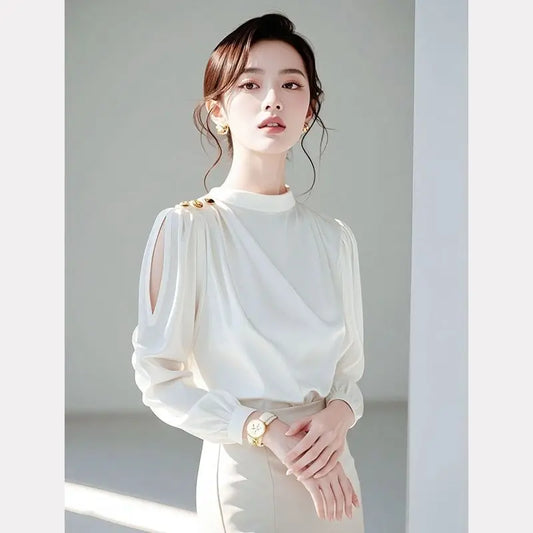 Luxury Ivory Chiffon Blouse with Gold Button Shoulder & Sheer Sleeves